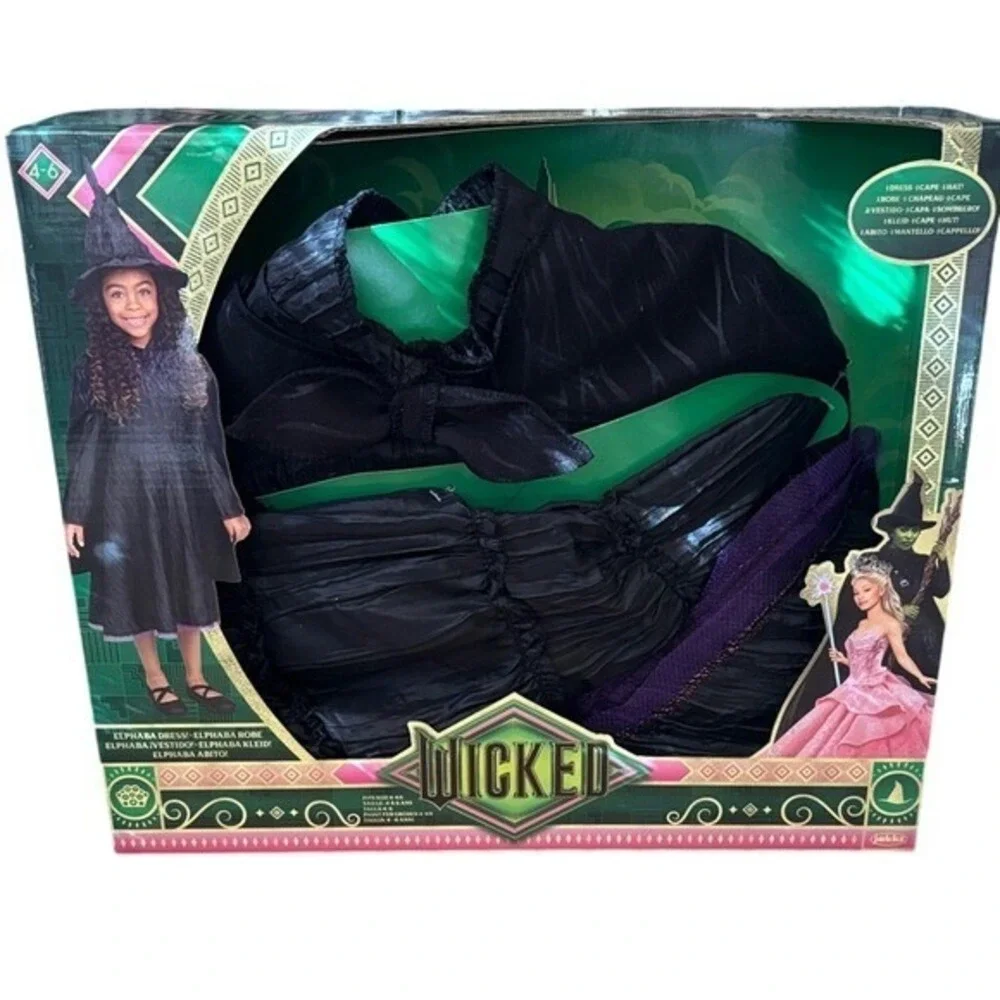 Wicked The Movie: Elphaba Kids Costume SZ 4-6X Dress & Hat Halloween Witch NEW